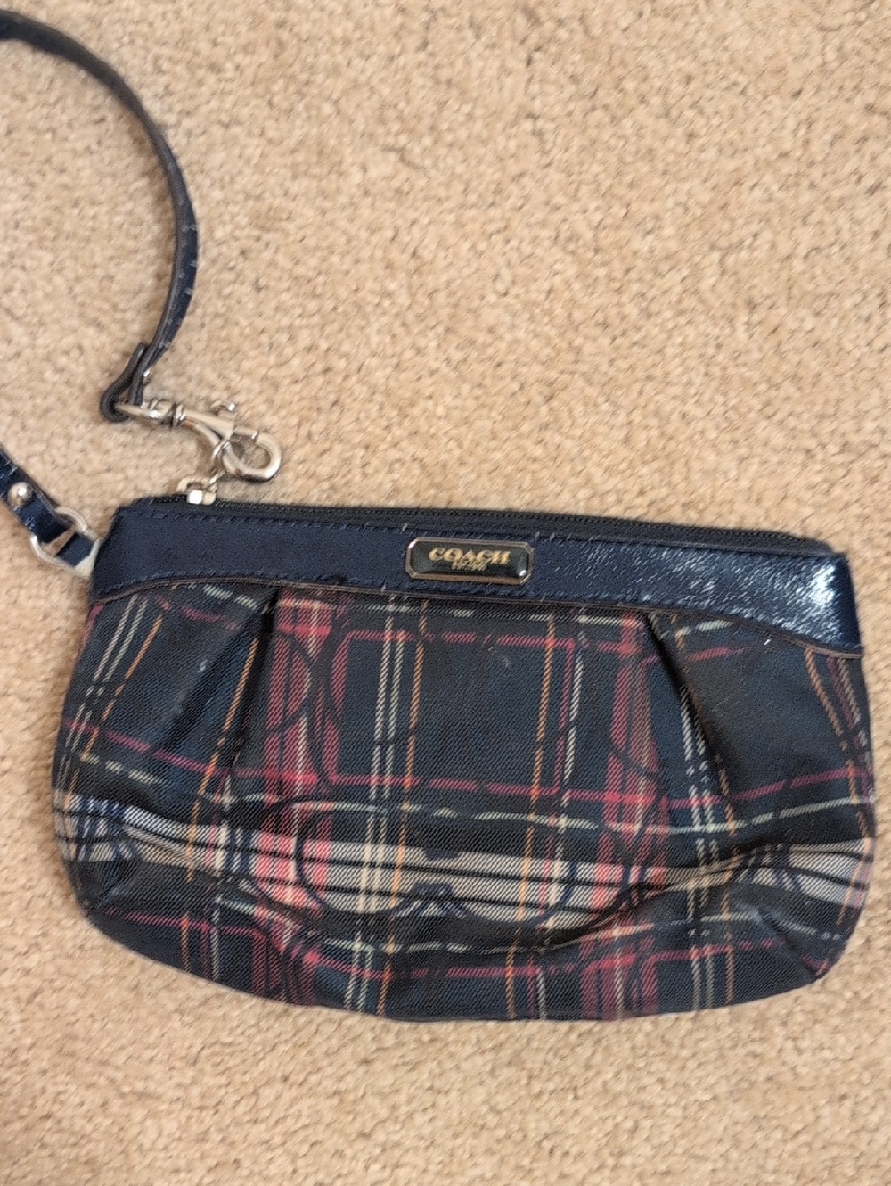 Coach Plaid Wristlet in Navy, Red & Tan